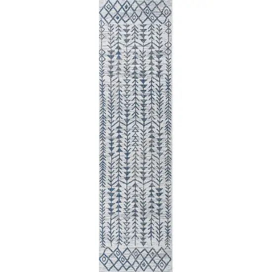 10' Ivory And Blue Trellis Indoor Outdoor Runner Rug Photo 2