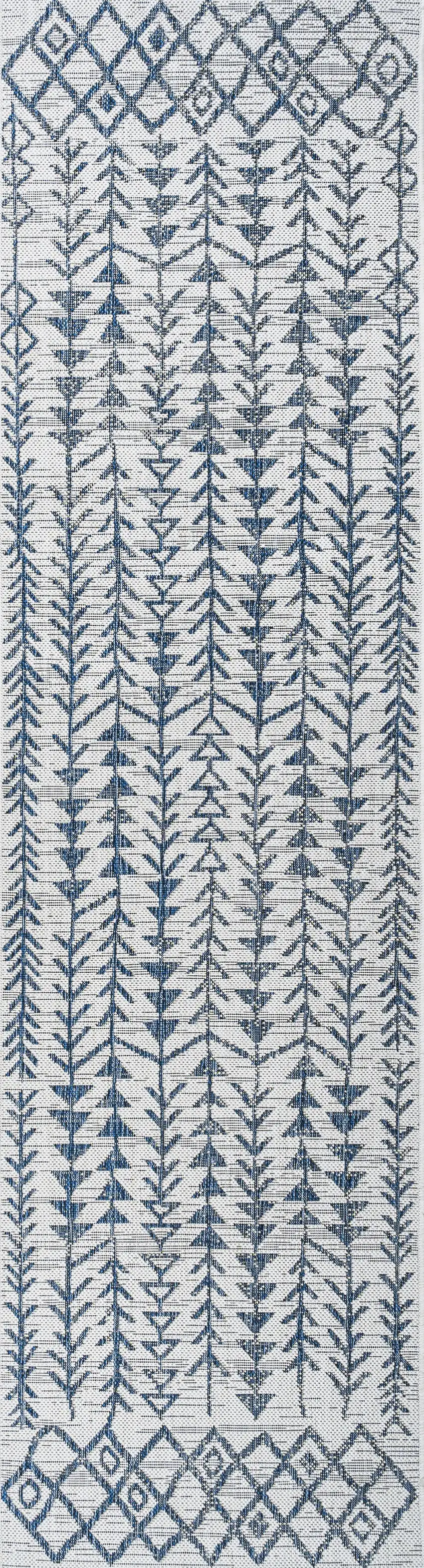 10' Ivory And Blue Trellis Indoor Outdoor Runner Rug Photo 2