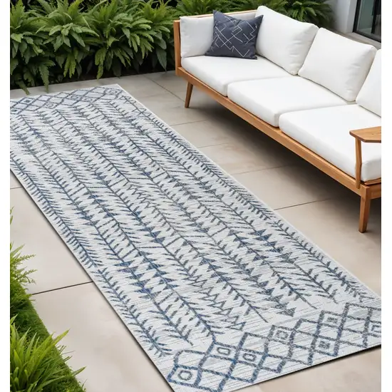 10' Ivory And Blue Trellis Indoor Outdoor Runner Rug Photo 1