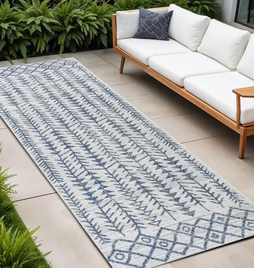 10' Ivory And Blue Trellis Indoor Outdoor Runner Rug Photo 1
