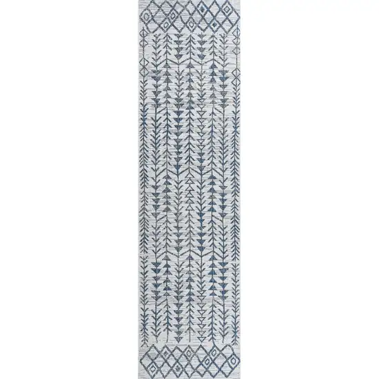 10' Ivory And Blue Trellis Indoor Outdoor Runner Rug Photo 4
