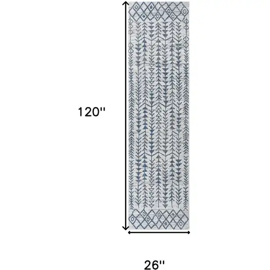 10' Ivory And Blue Trellis Indoor Outdoor Runner Rug Photo 3