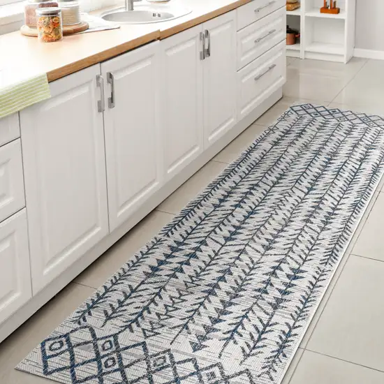10' Ivory And Blue Trellis Indoor Outdoor Runner Rug Photo 7