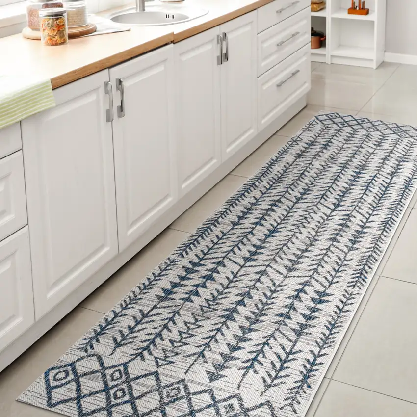 10' Ivory And Blue Trellis Indoor Outdoor Runner Rug Photo 7