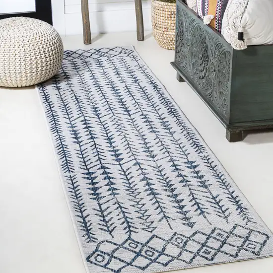 10' Ivory And Blue Trellis Indoor Outdoor Runner Rug Photo 5