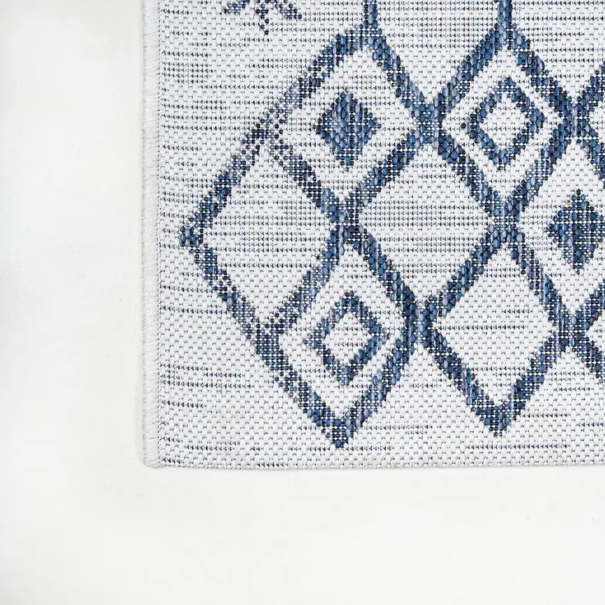 10' Ivory And Blue Trellis Indoor Outdoor Runner Rug Photo 8