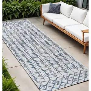 Photo of 8' Ivory And Blue Trellis Indoor Outdoor Runner Rug