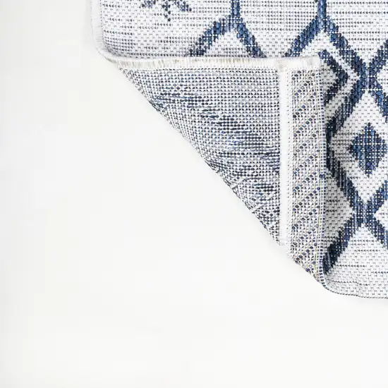 8' Ivory And Blue Trellis Indoor Outdoor Runner Rug Photo 8