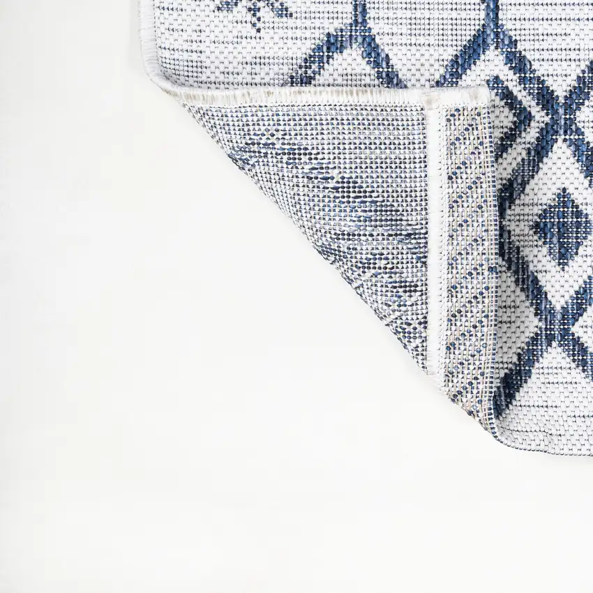 8' Ivory And Blue Trellis Indoor Outdoor Runner Rug Photo 8