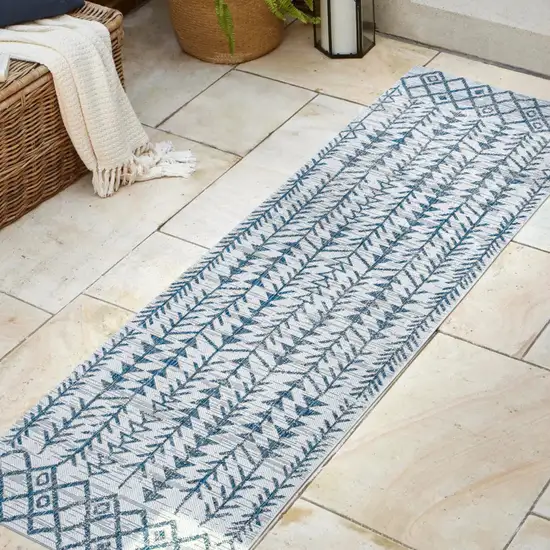 8' Ivory And Blue Trellis Indoor Outdoor Runner Rug Photo 5