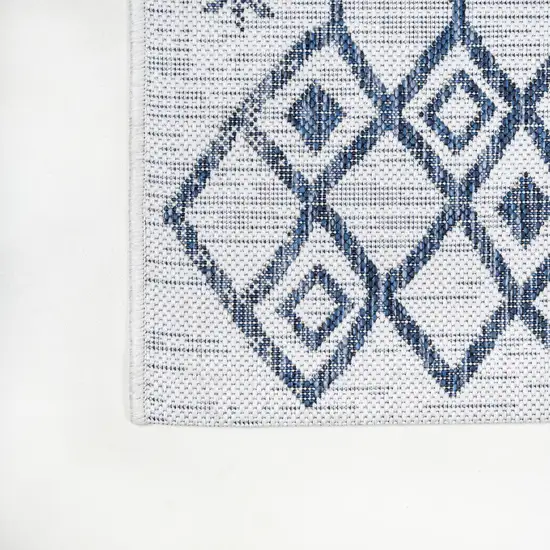 8' Ivory And Blue Trellis Indoor Outdoor Runner Rug Photo 9