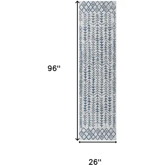 8' Ivory And Blue Trellis Indoor Outdoor Runner Rug Photo 3