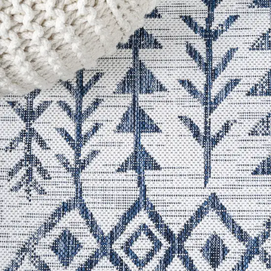 8' Ivory And Blue Trellis Indoor Outdoor Runner Rug Photo 6