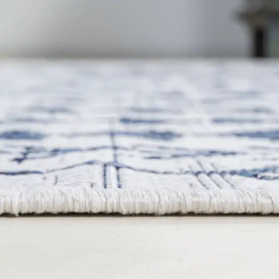 8' Ivory And Blue Trellis Indoor Outdoor Runner Rug Photo 9