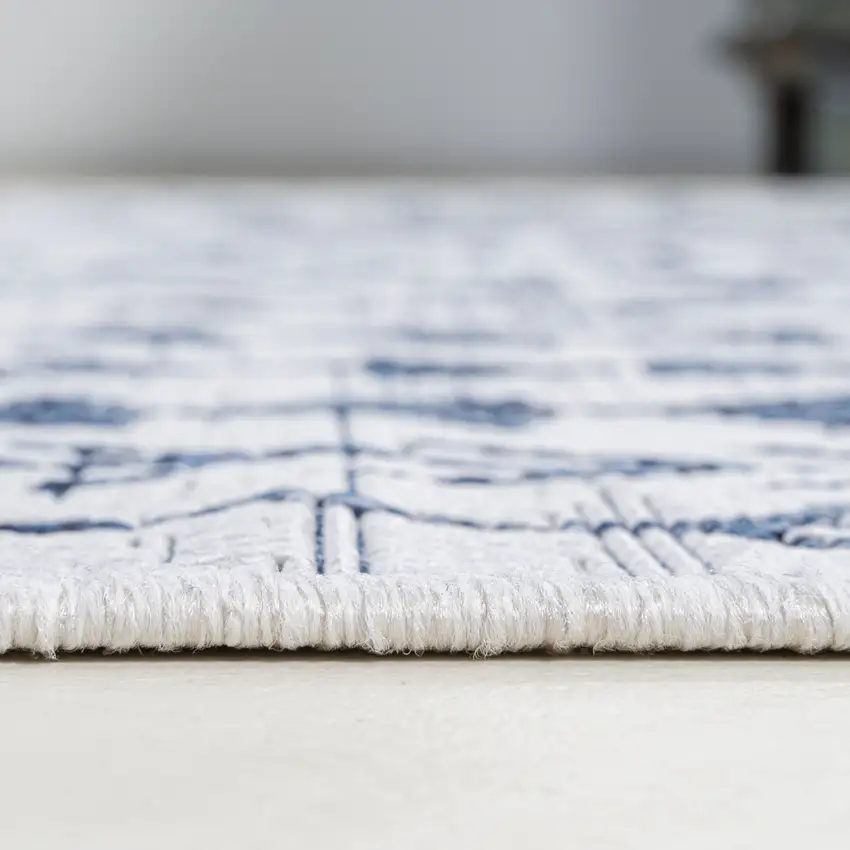 8' Ivory And Blue Trellis Indoor Outdoor Runner Rug Photo 9