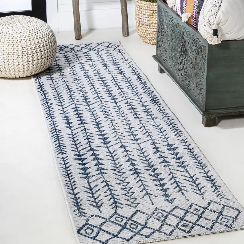 8' Ivory And Blue Trellis Indoor Outdoor Runner Rug Photo 4