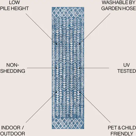 8' Ivory And Blue Trellis Indoor Outdoor Runner Rug Photo 7