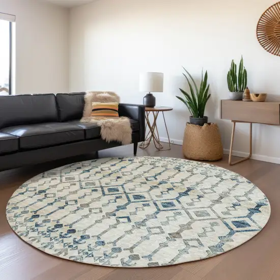 8' Ivory And Blue Tribal Washable Round Rug With UV Protection Photo 6
