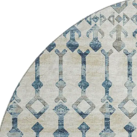 8' Ivory And Blue Tribal Washable Round Rug With UV Protection Photo 4