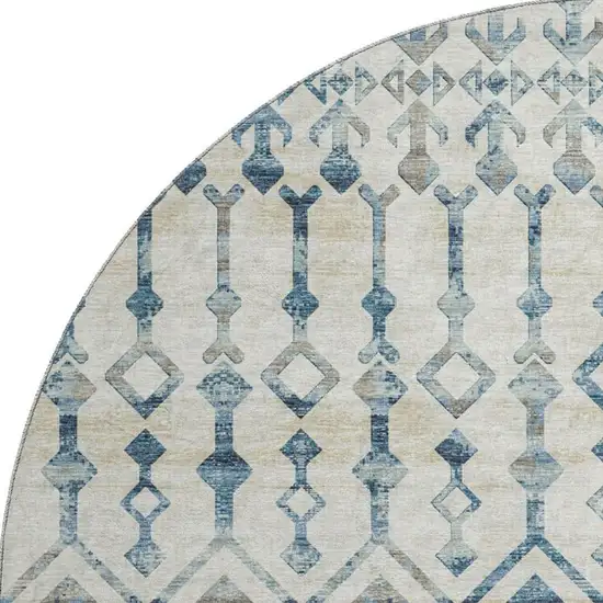 8' Ivory And Blue Tribal Washable Round Rug With UV Protection Photo 5
