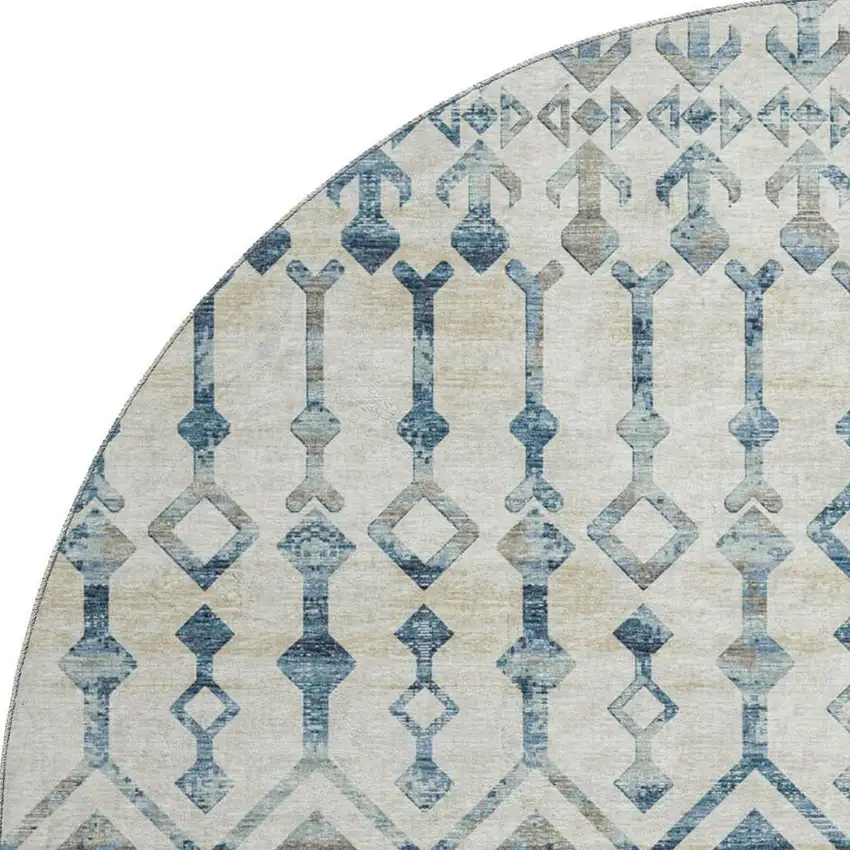 8' Ivory And Blue Tribal Washable Round Rug With UV Protection Photo 5