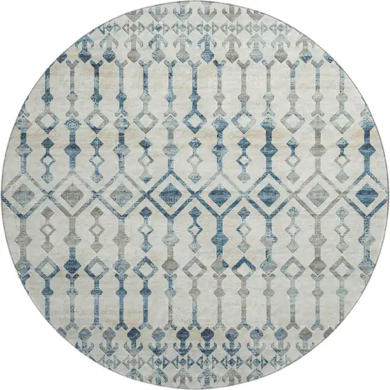 8' Ivory And Blue Tribal Washable Round Rug With UV Protection Photo 2