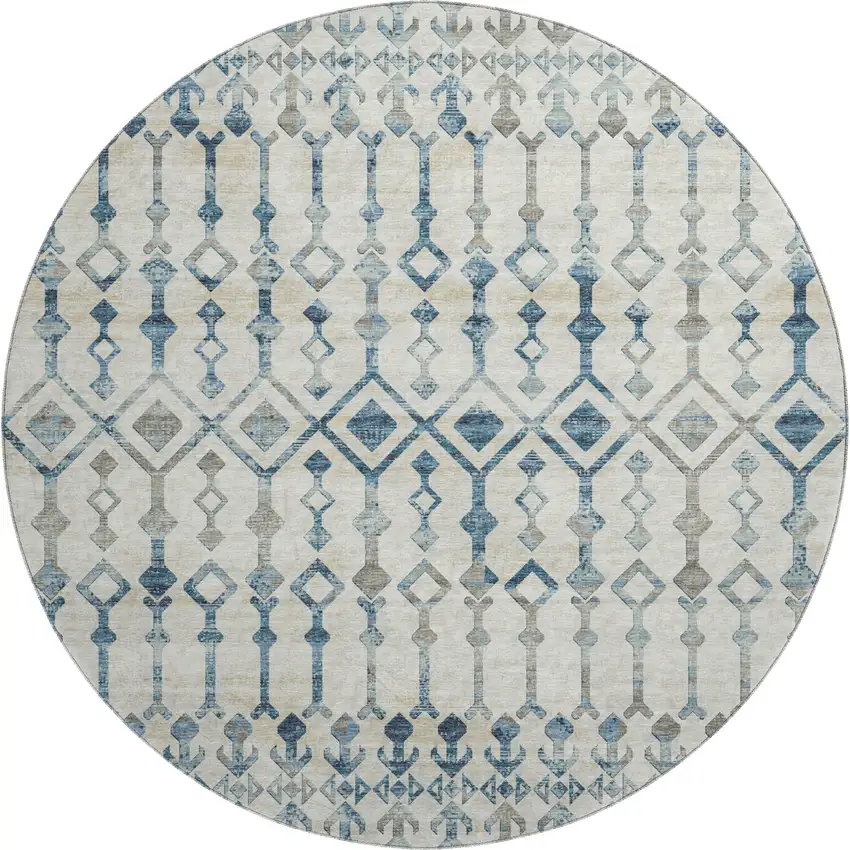 8' Ivory And Blue Tribal Washable Round Rug With UV Protection Photo 2