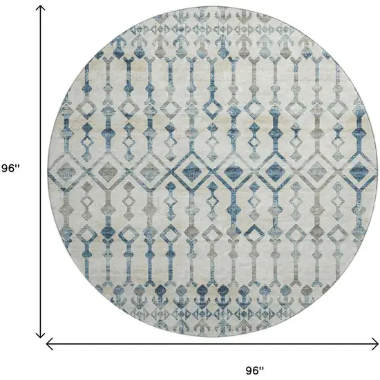 8' Ivory And Blue Tribal Washable Round Rug With UV Protection Photo 3