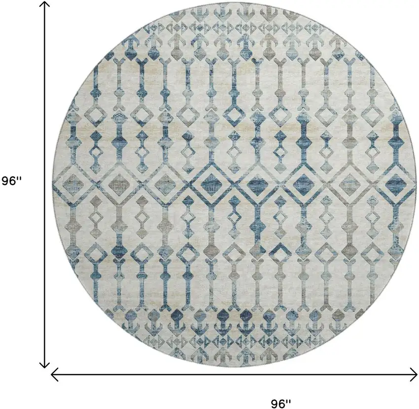 8' Ivory And Blue Tribal Washable Round Rug With UV Protection Photo 3