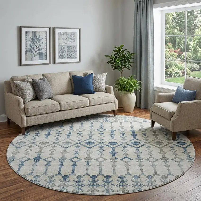 8' Ivory And Blue Tribal Washable Round Rug With UV Protection Photo 1
