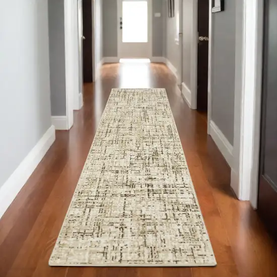 8' Ivory And Brown Abstract Runner Rug Photo 1