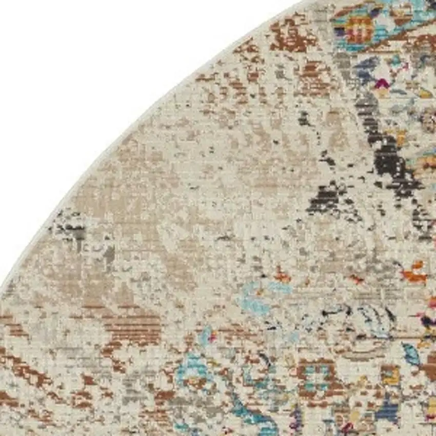 6' Ivory And Brown Floral Distressed Round Rug Photo 7