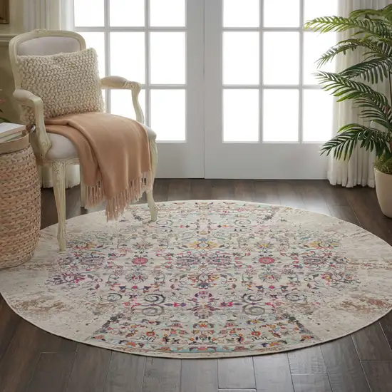 6' Ivory And Brown Floral Distressed Round Rug Photo 6