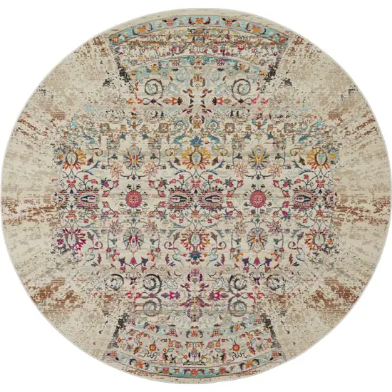 6' Ivory And Brown Floral Distressed Round Rug Photo 1
