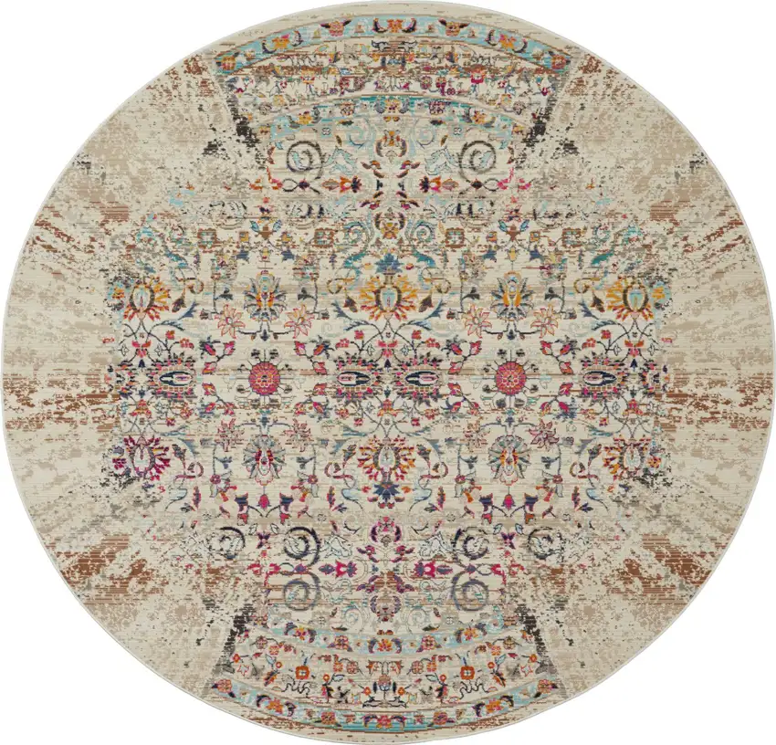 6' Ivory And Brown Floral Distressed Round Rug Photo 1