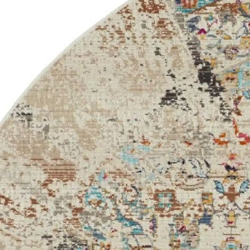 6' Ivory And Brown Floral Distressed Round Rug Photo 4