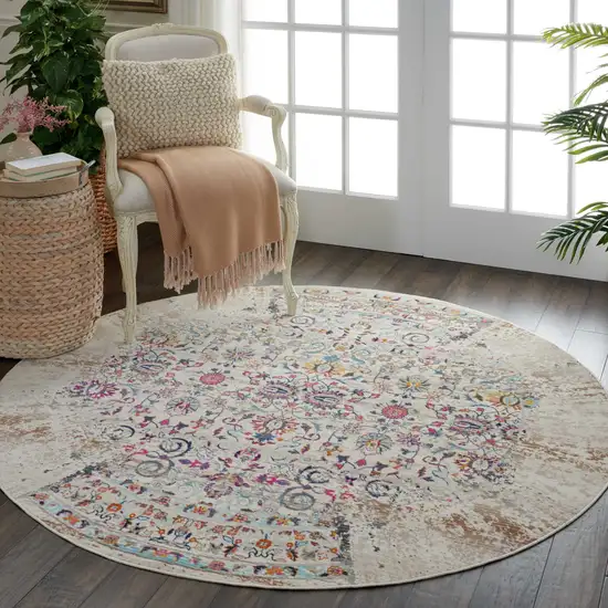 4' Ivory And Brown Floral Distressed Round Rug Photo 4