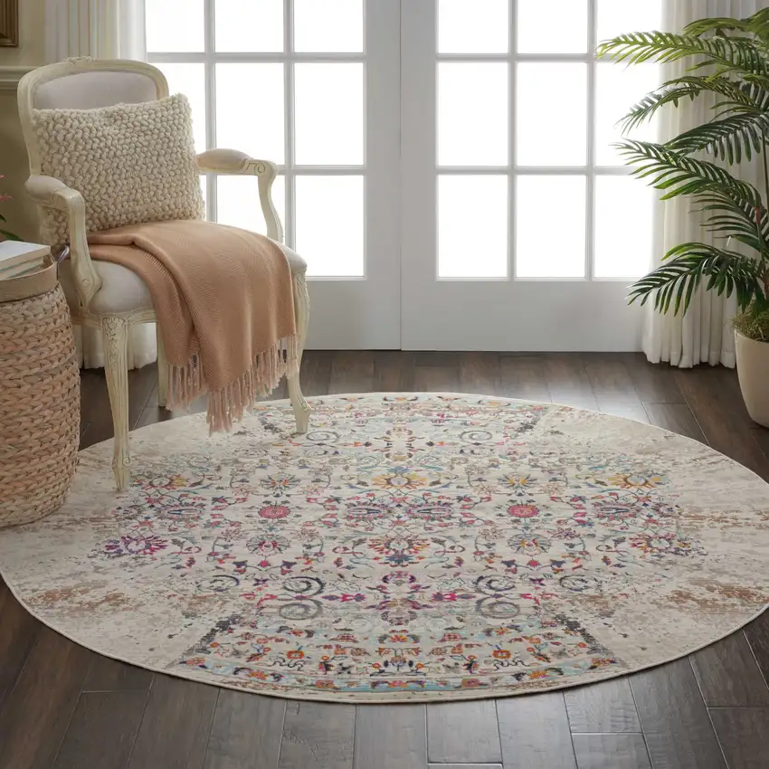 4' Ivory And Brown Floral Distressed Round Rug Photo 5