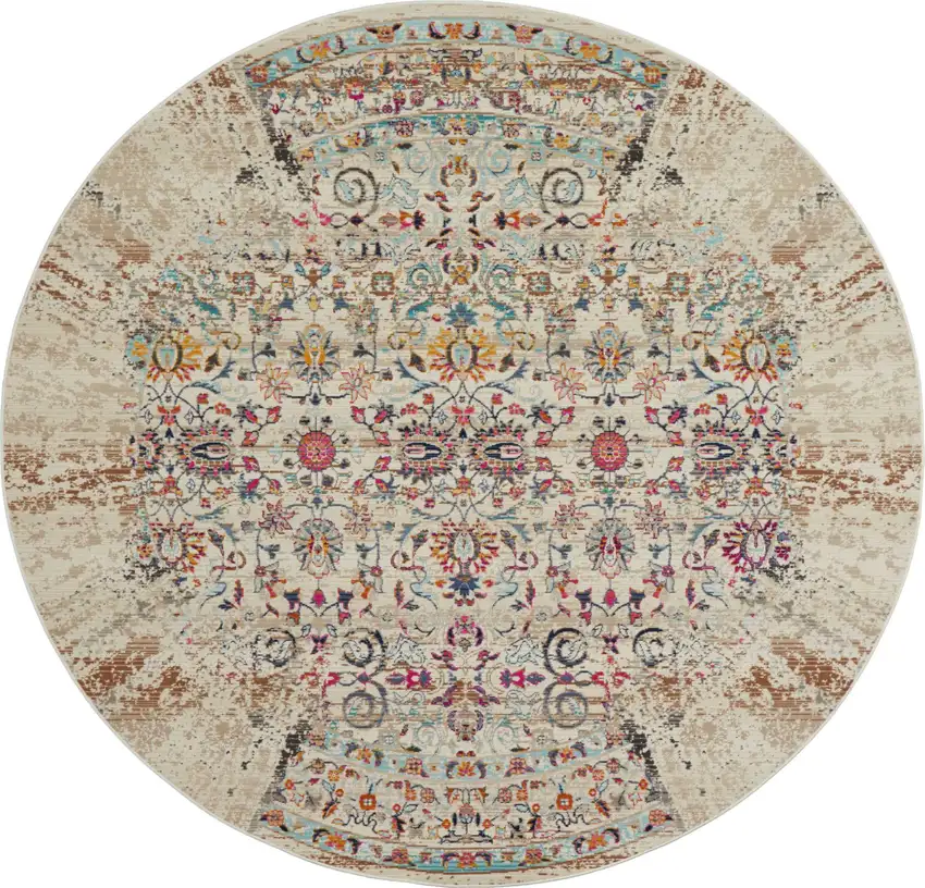 4' Ivory And Brown Floral Distressed Round Rug Photo 7