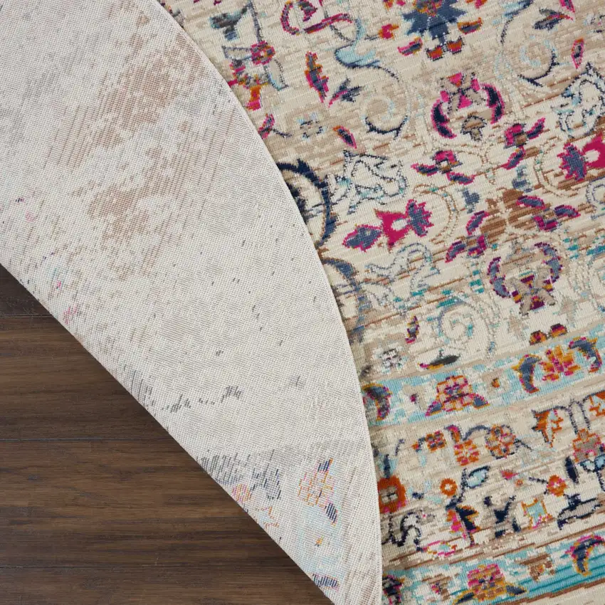 4' Ivory And Brown Floral Distressed Round Rug Photo 8