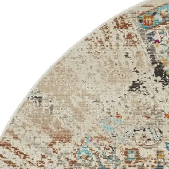 4' Ivory And Brown Floral Distressed Round Rug Photo 6