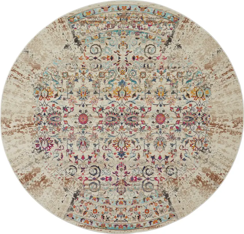 4' Ivory And Brown Floral Distressed Round Rug Photo 2