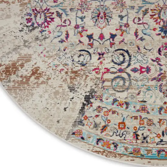 4' Ivory And Brown Floral Distressed Round Rug Photo 8