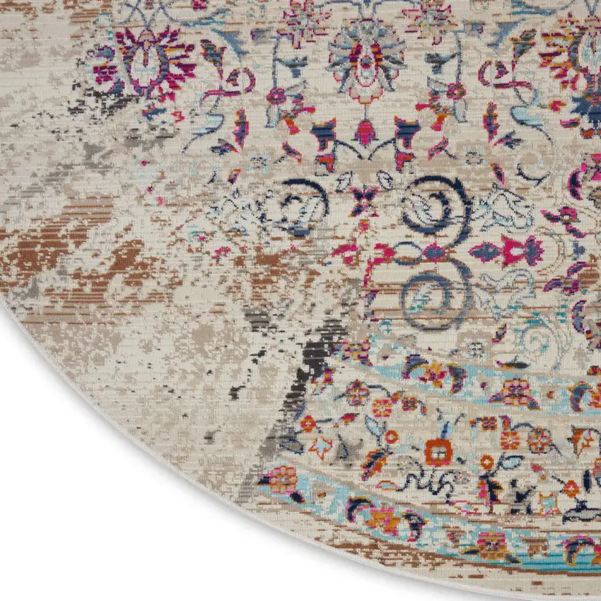 4' Ivory And Brown Floral Distressed Round Rug Photo 8