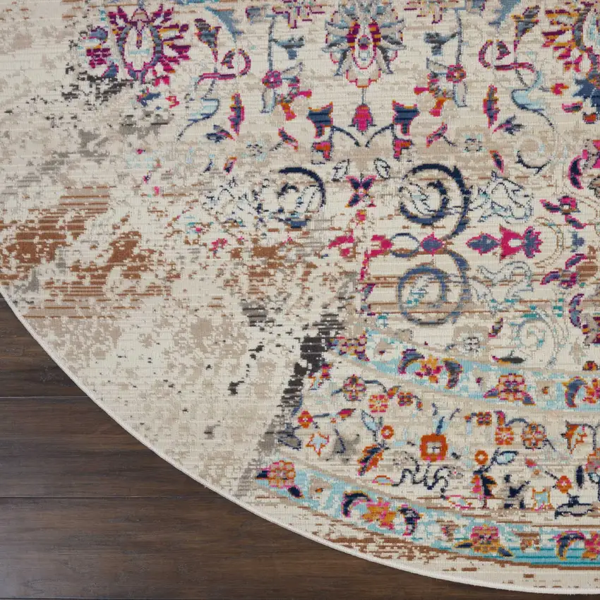 4' Ivory And Brown Floral Distressed Round Rug Photo 4