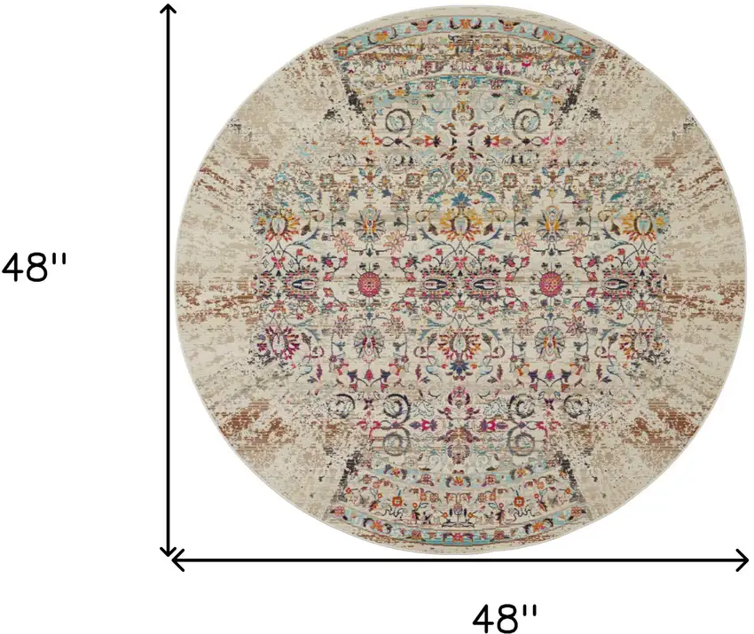 4' Ivory And Brown Floral Distressed Round Rug Photo 3