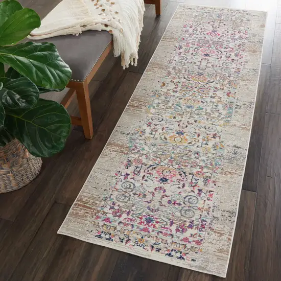 6' Ivory And Brown Floral Distressed Runner Rug Photo 3