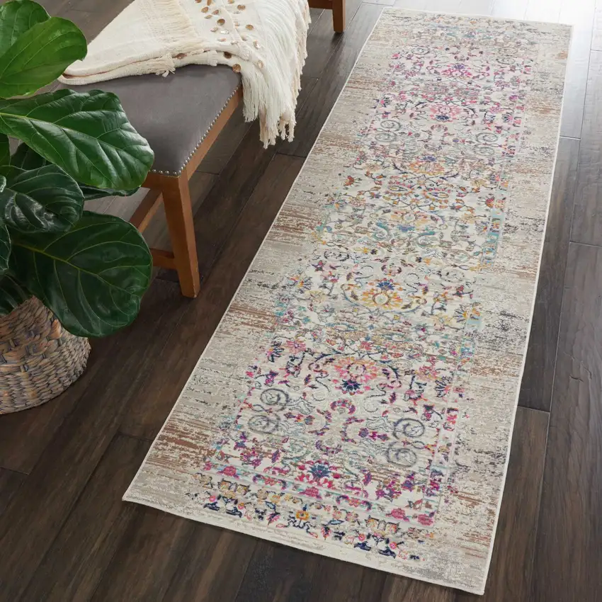 6' Ivory And Brown Floral Distressed Runner Rug Photo 3