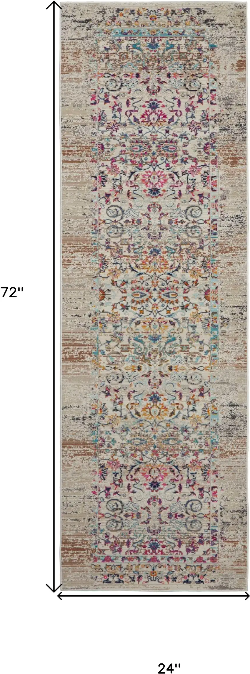 6' Ivory And Brown Floral Distressed Runner Rug Photo 3