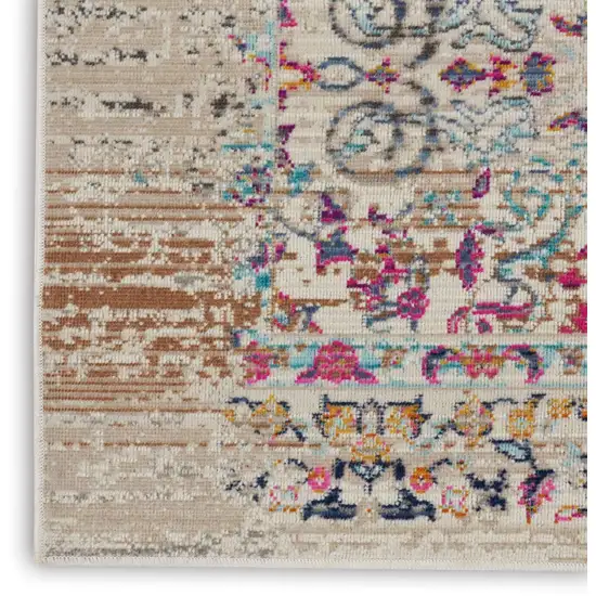 6' Ivory And Brown Floral Distressed Runner Rug Photo 5